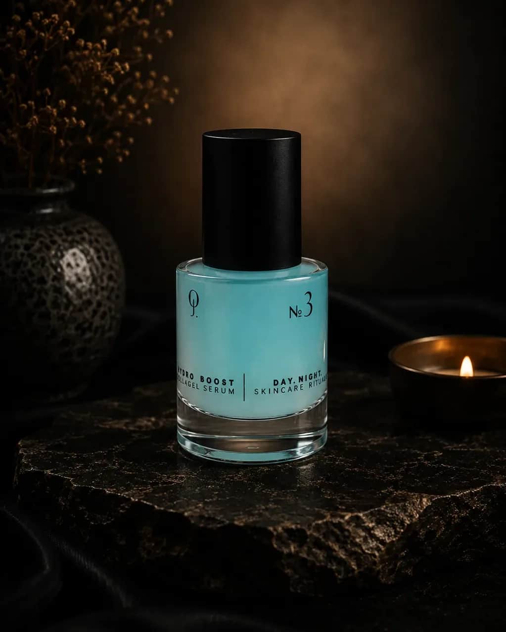The hydrating serum on stone in evening light.