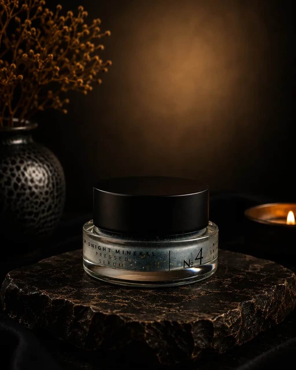 The night serum on stone in candlelight.