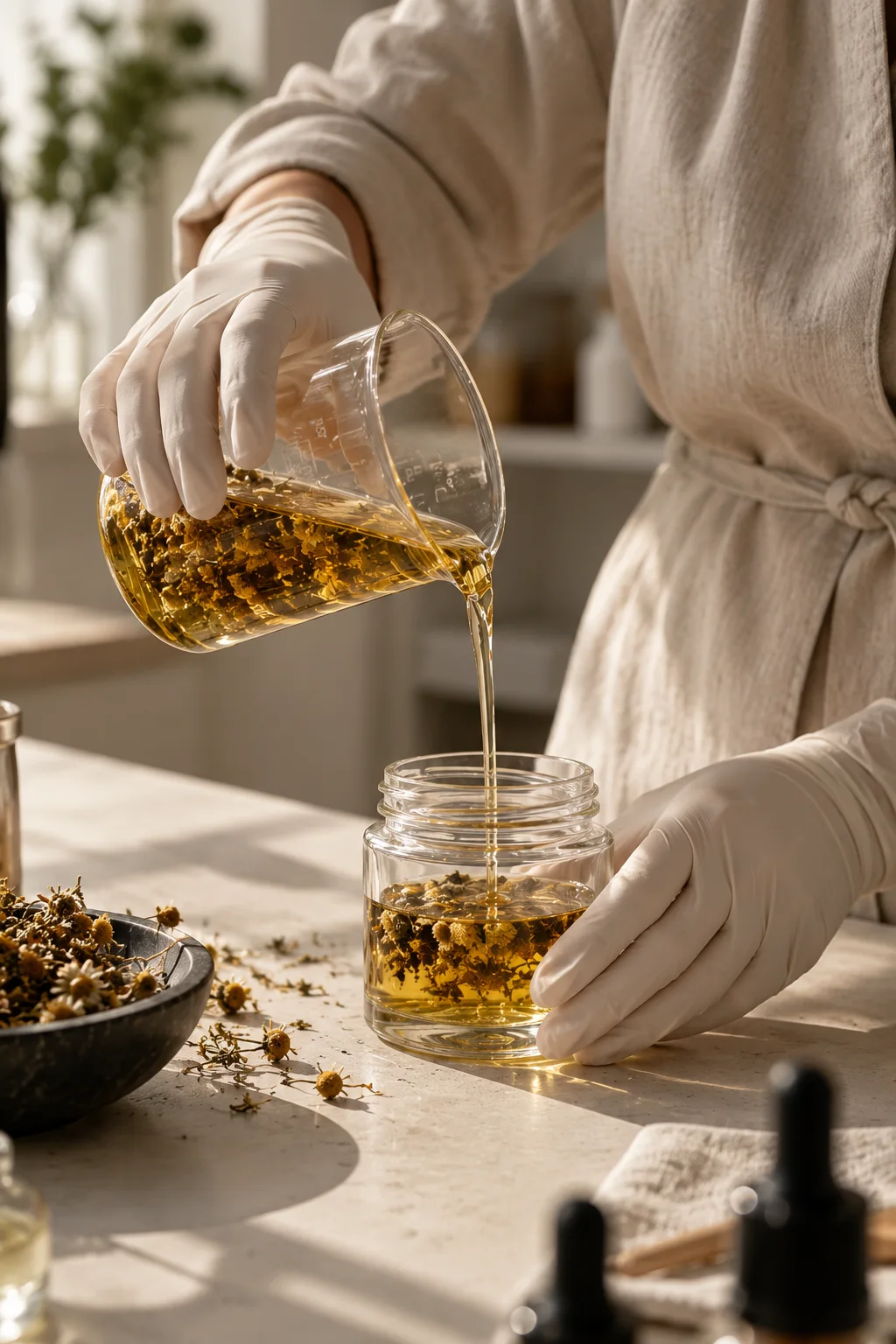Glass vessels with botanical oil and flowers