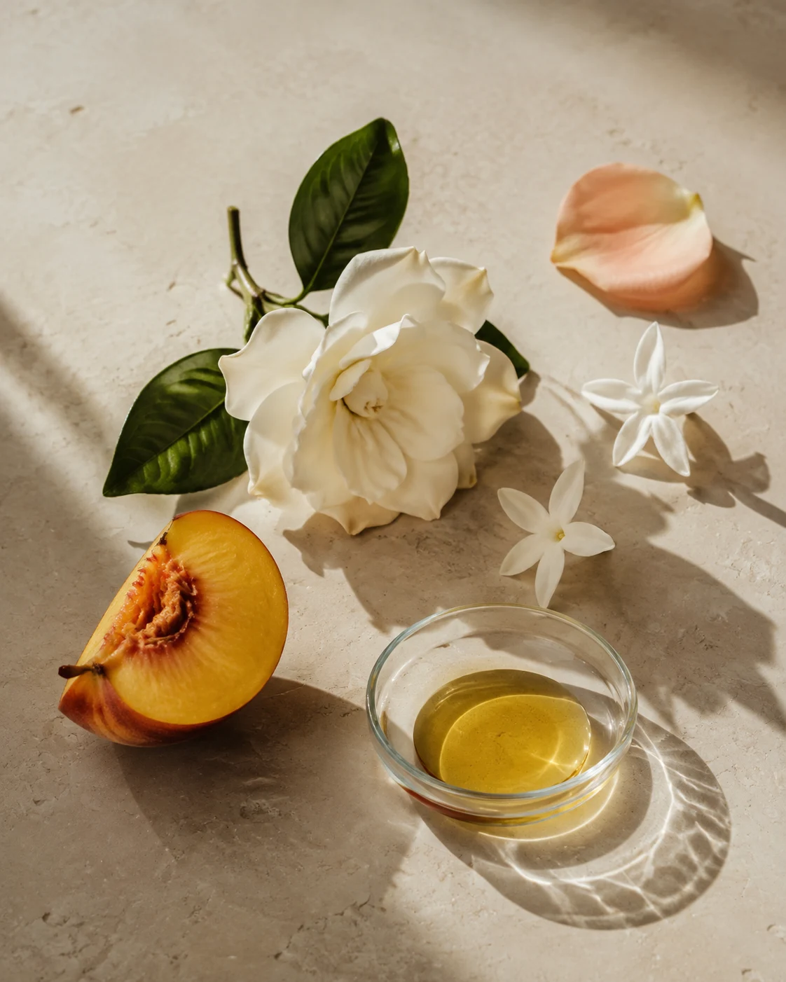 Peach, white flowers and golden oil in a glass dish