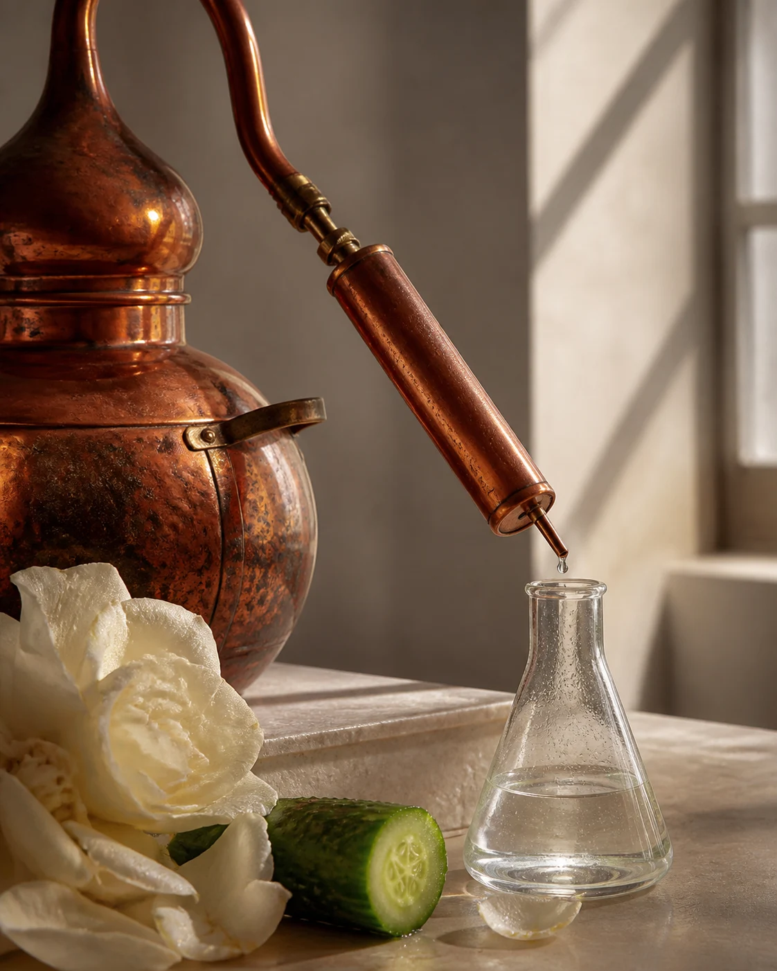 A still, rose and clear hydrosol in glass